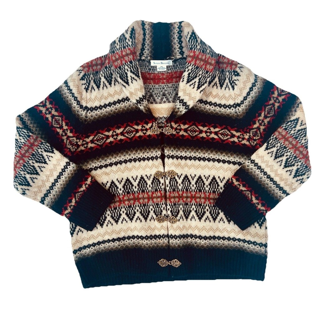 Susan Bristol  Wool Knit XL shawl collar cardigan fair isle Western Country